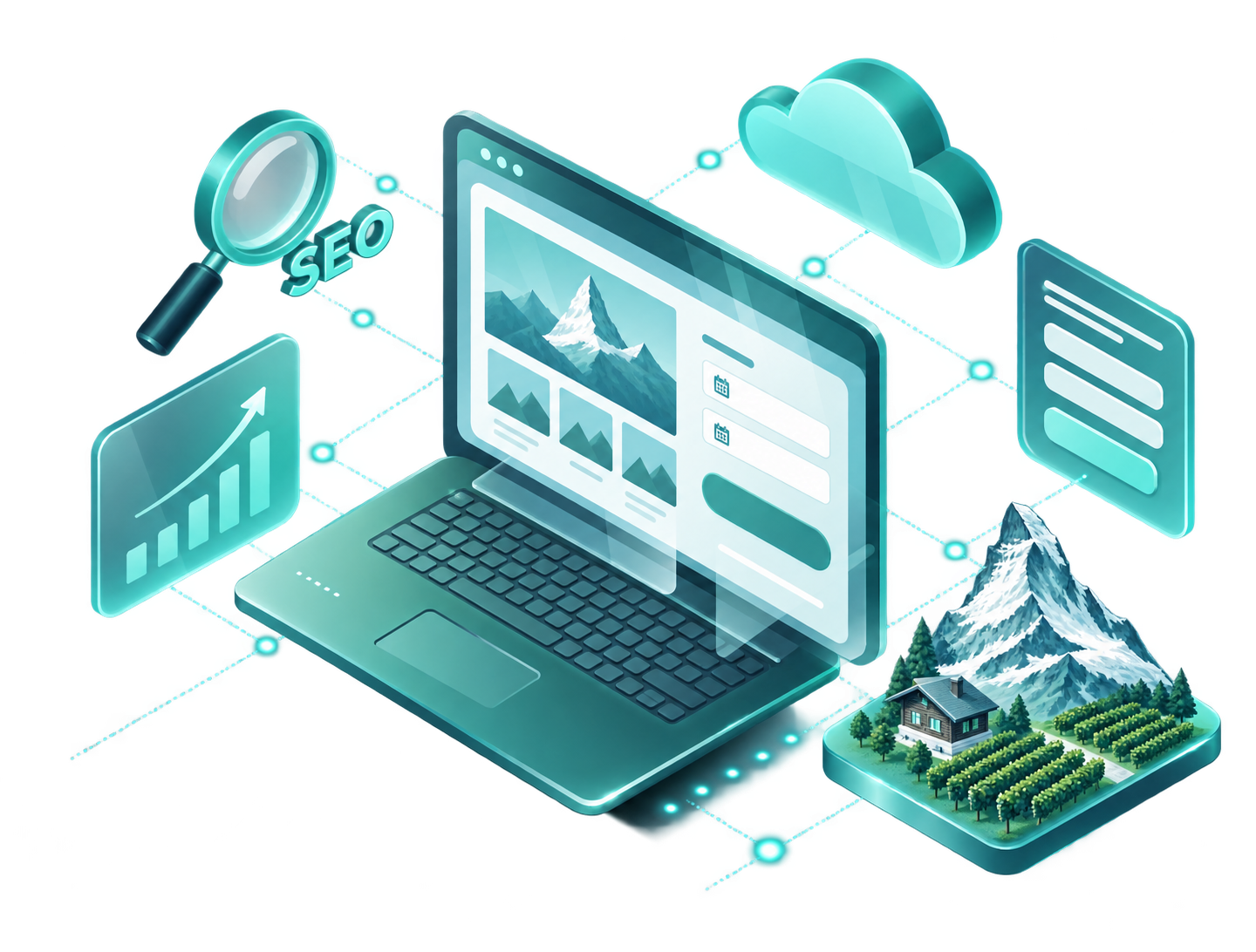 Agence web Valais - illustration isométrique montagne et réservation en ligne - Pixelium
