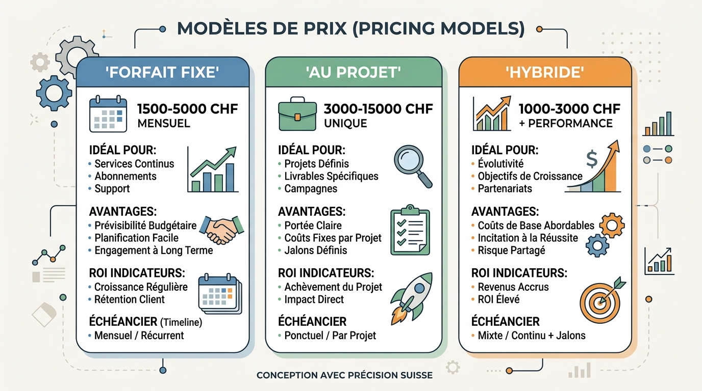 Trois modèles tarifaires adaptés à vos besoins, du forfait mensuel au projet ponctuel, avec un ROI transparent et prévisible