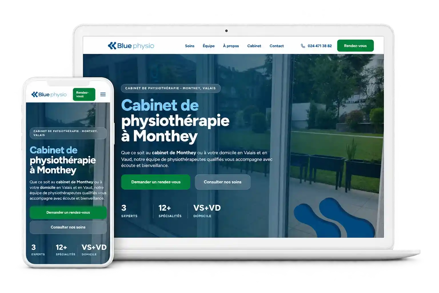 Site Blue Physio à Monthey affiché sur un ordinateur portable et un smartphone