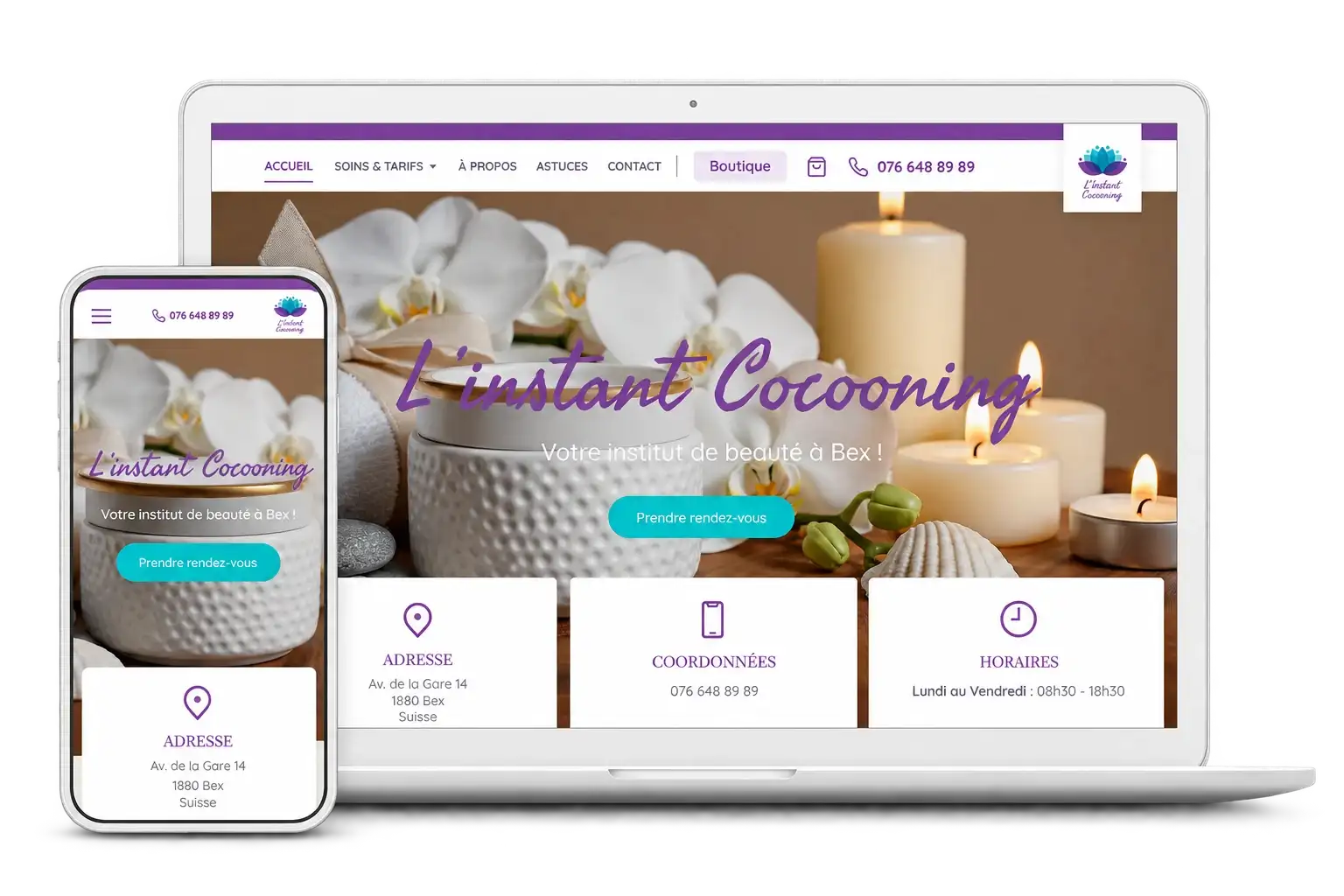 Site L’instant Cocooning affiché sur un ordinateur portable et un smartphone