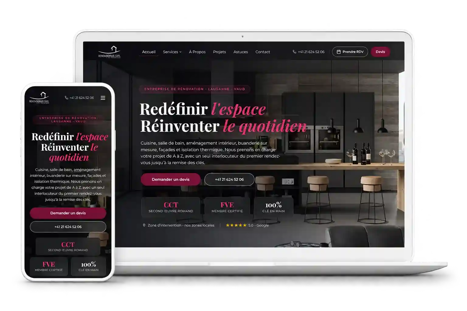 Site Rénov-Domus affiché sur un ordinateur portable et un smartphone