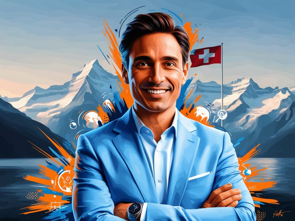 Un homme entrepreneur Suisse pose devant un drapeau Suisse