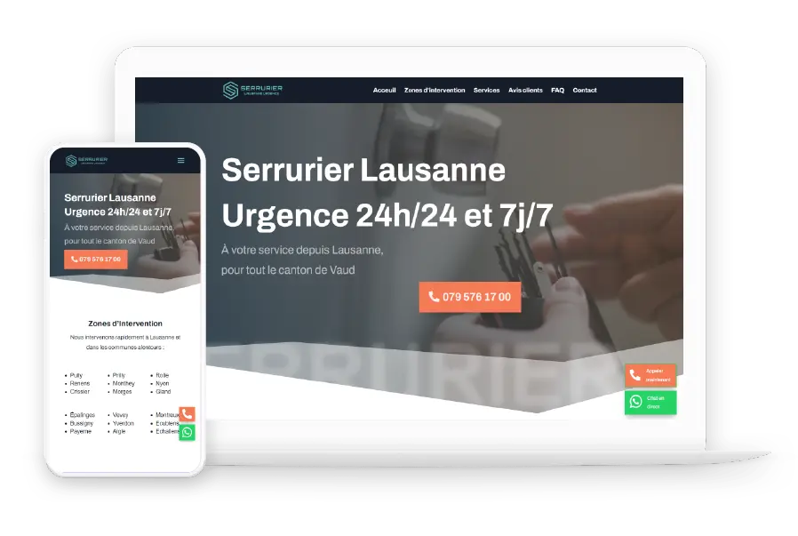 Serrurier-Lausanne-Urgence.ch affiché sur un laptop et un smartphone