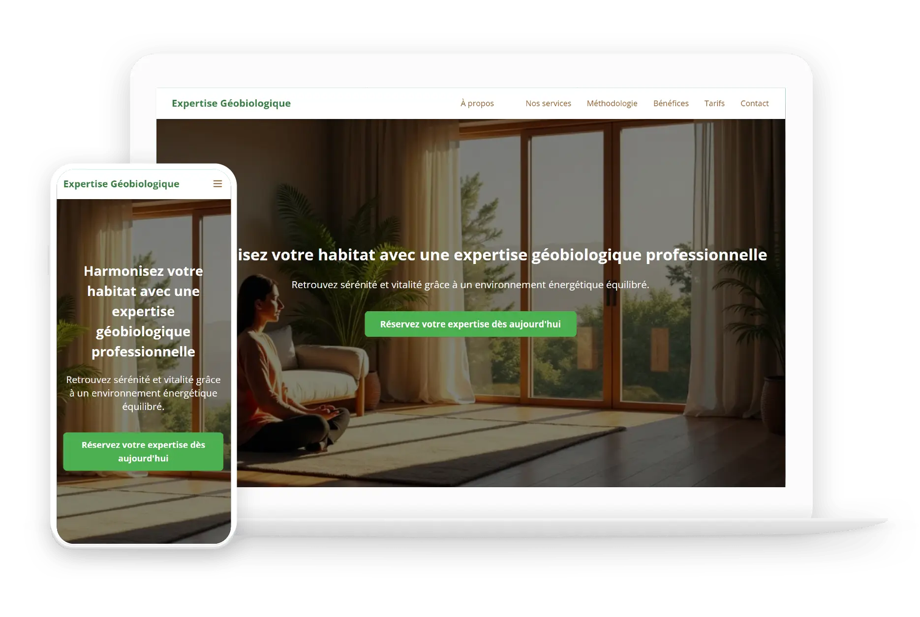 Exemple de site expertise géobiologique - par pixelium.ch Site web Serrurier Lausanne Urgence affiché sur un laptop et un smartphone