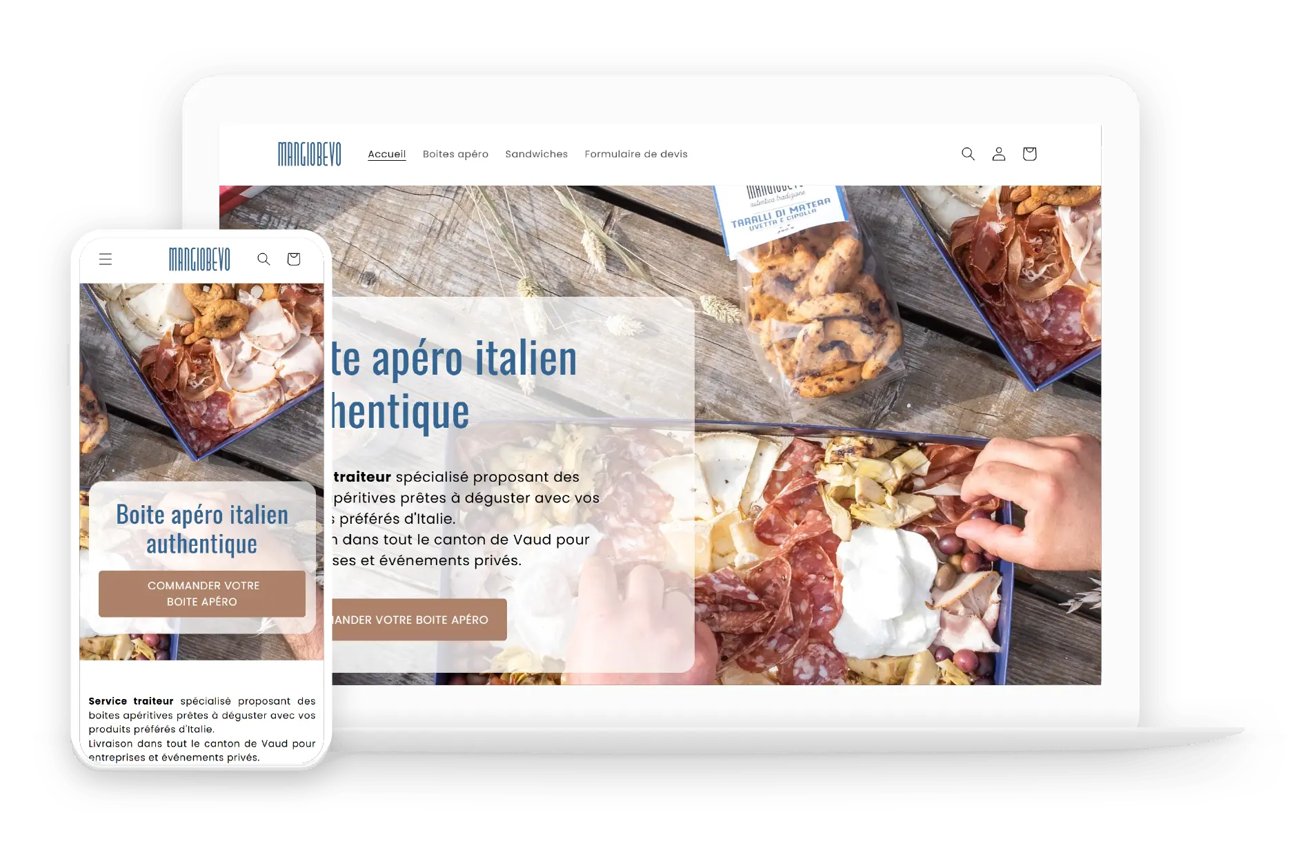 Exemple site e-commerce Shopify - Mangiobevo - par pixelium.ch Site web Serrurier Lausanne Urgence affiché sur un laptop et un smartphone