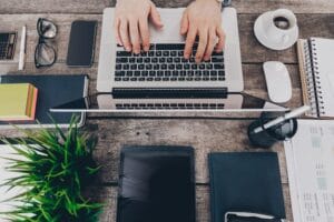 businessman work closeup top view man working laptop 93675 135729