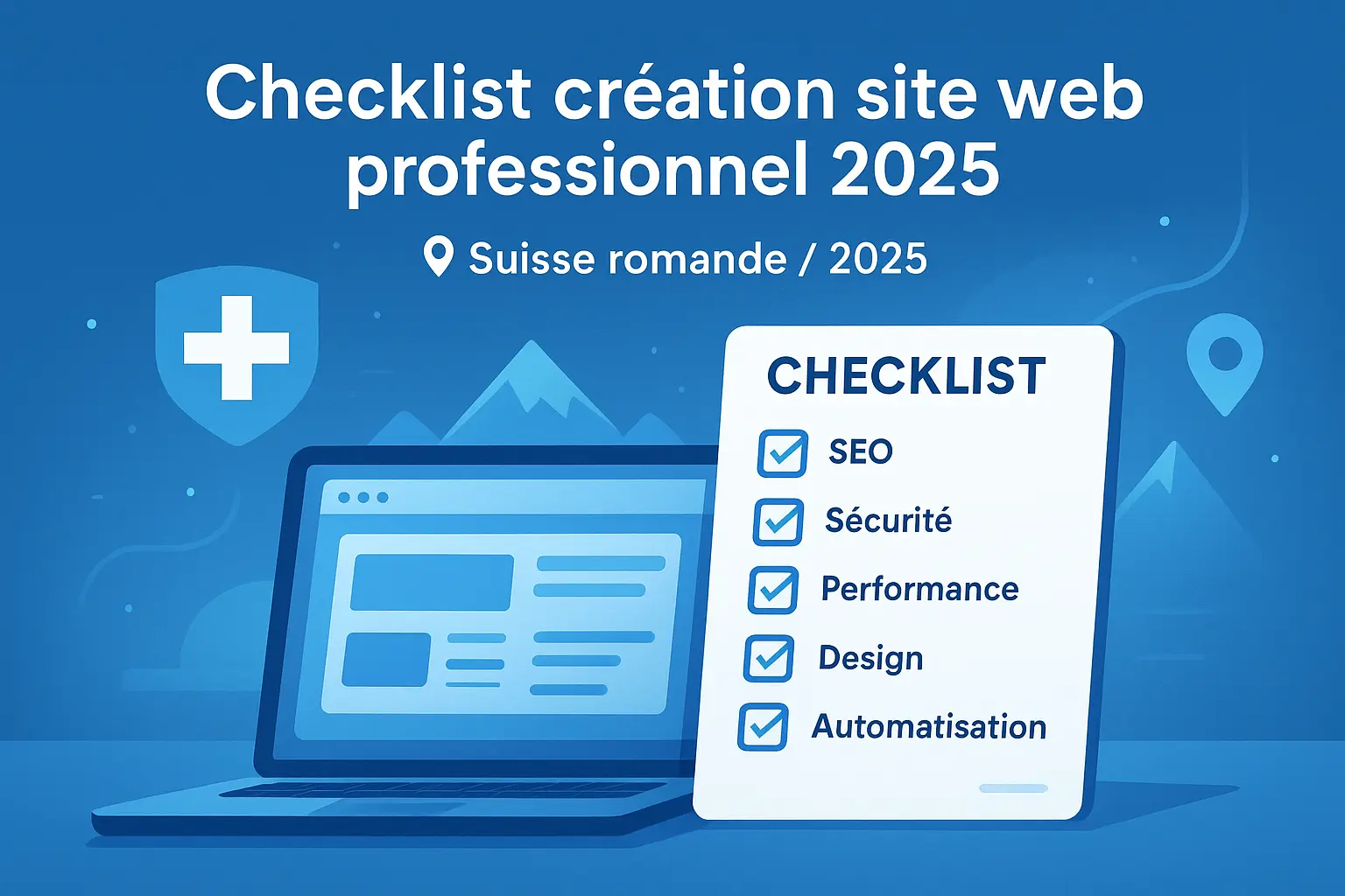 Bureau moderne avec un entrepreneur utilisant un ordinateur portable Laptop avec un checklist de ce qu'il faut vérifier lorsqu'on fait un site web