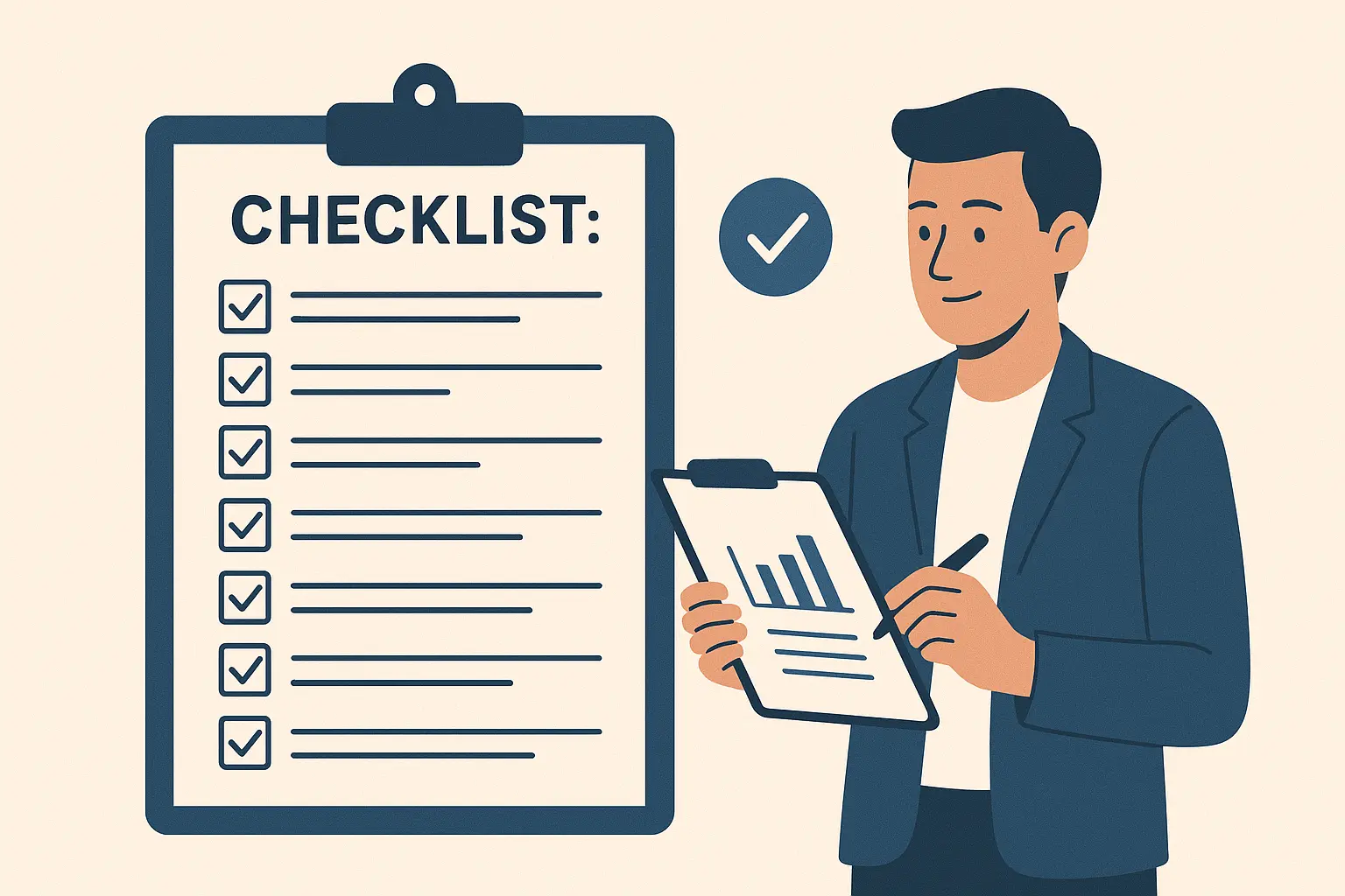 Une illustration d'un homme vérifiant une checklist Une illustration d'un homme vérifiant une checklist
